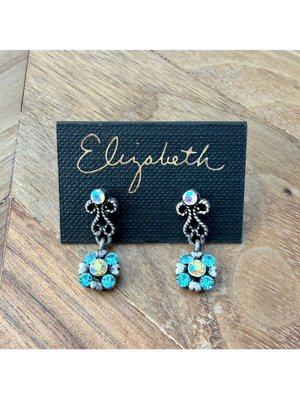 Y2K Elizabeth Silver Tone Floral Rhinestone Dangle Earrings Blue AB NOS